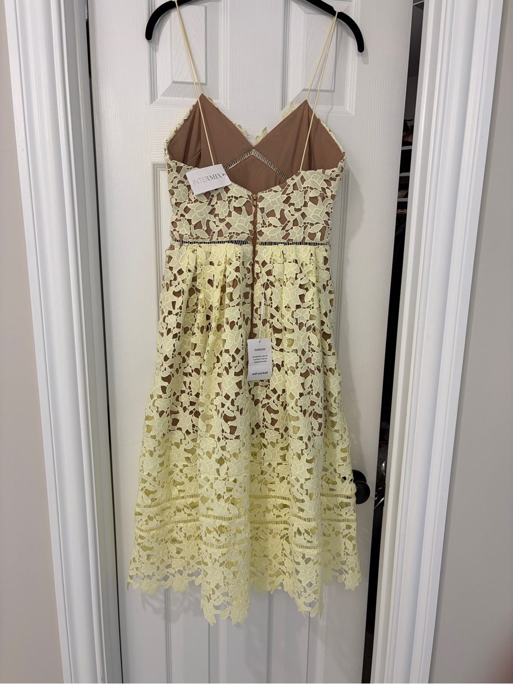 Beautiful Self-Portrait Yellow Lace Midi Dress with Nude Lining, NWT
